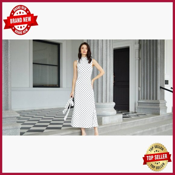 Maxi Tank Dress Polka Dots Mock Neck Sleeveless Bodycon Mermaid Fishtail - Picture 6 of 7